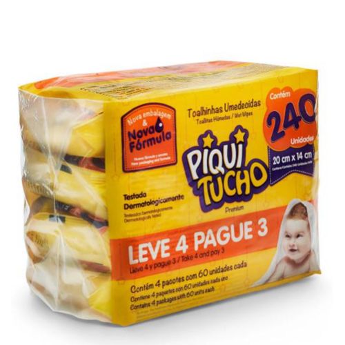 Lenço Umedecido Piquitucho Premium 4 pacotes c/ 60 Unidades cada