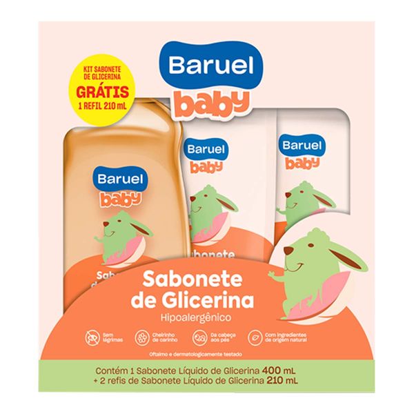 Kit Sabonete de Glicerina Baruel Baby 400ml 1 Unidade + Refil 210ml 2 Unidades