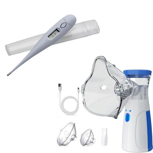 Kit Nebulizador Inalador Portatíl + Termômetro Digital Clinico Febre Adulto Infantil Com Aviso Sonoro