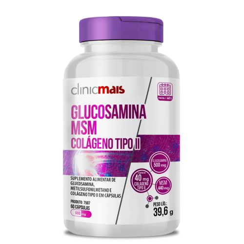 Glucosamina, MSM e Colágeno Tipo 2 60 cápsulas 660mg ClinicMais Glucosamina, MSM e Colágeno Tipo 2 60 cápsulas 660mg ClinicMais