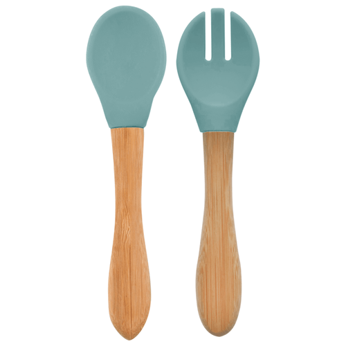 Colher e Garfo Silicone e Bambu Dig In Aqua Green - Minikoioi