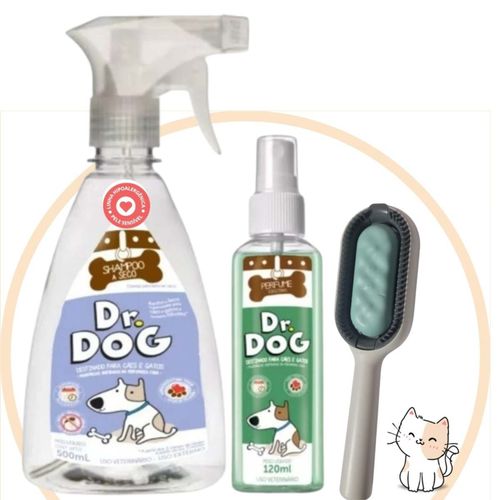 Kit Dr. Dog Banho seco pet 500ml + perfume Cachorro & Gato120ml FILHOTES + Escova Rasqueadeira 3x1 Kit Dr. Dog Banho seco pet 500ml + perfume Cachorro & Gato120ml FILHOTES + Escova Rasqueadeira 3x1