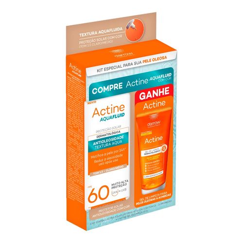 Kit Protetor Solar Aqua Fluid Antioleosidade Com Cor 1.5 Claro/Médio Fps 60 Actine 40G + Gel De Limpeza 40G