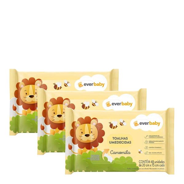 Kit Lenço Umedecido Ever Baby Camomila 3 Pacotes com 48 Unidades