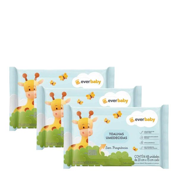 Kit Toalhas Umedecidas Ever Baby Sem Fragrância 3 Pacotes com 48 Unidades