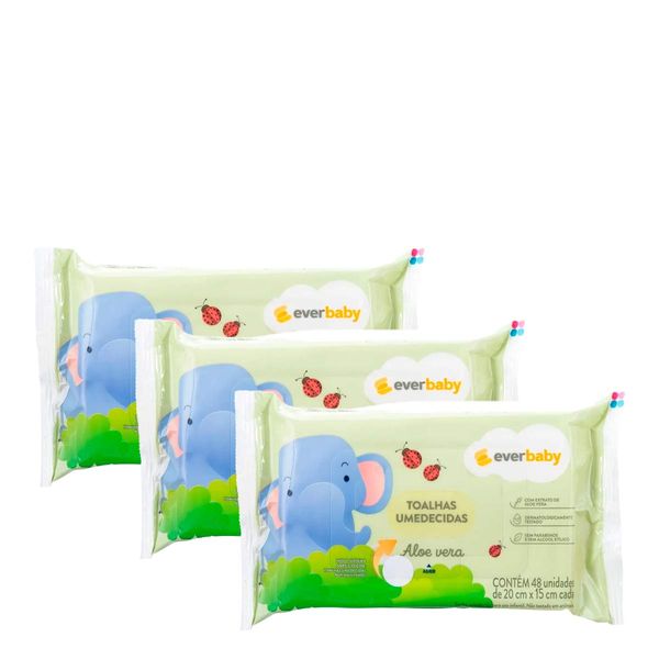 Kit Lenço Umedecido Ever Baby Aloe Vera 3 Pacotes com 48 Unidades