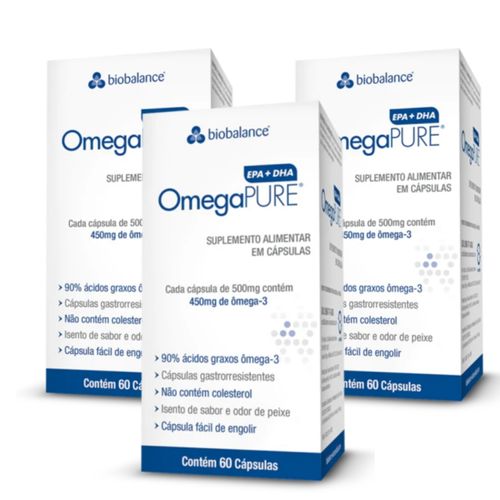 Kit 3 OmegaPure EPA DHA  Vitam E Alta Concentração 60 Cap Biobalance Sem Sabor
