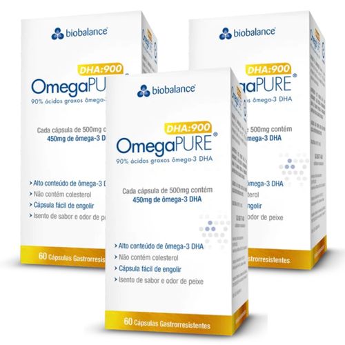 Kit 3 OmegaPure DHA 900 Alta Concentração 60 Caps Biobalance Sem Sabor