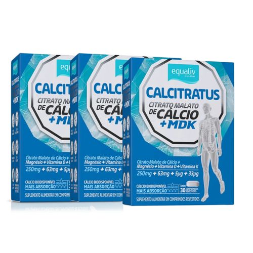 Kit 3 Calcitratus + Mdk Citrato Malato de Cálcio Vitam D K Equaliv Sem Sabor