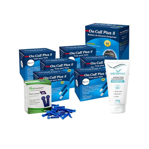 Kit Diabetes e Cuidados com os Pés - Para uma vida saudável 300 Tiras On Call Plus II + 100 Lancetas + 1 Creme de Calcanhar Veromed Kit Diabetes e Cuidados com os Pés - Para uma vida saudável 300 Tiras On Call Plus II + 100 Lancetas + 1 Creme de Calcanhar Veromed
