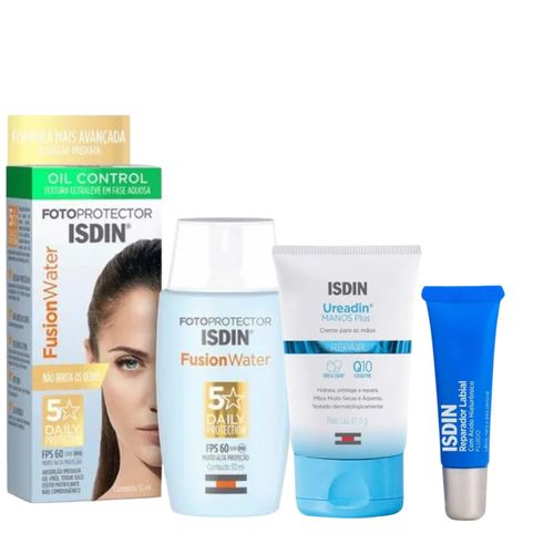 Kit Protetor Facial Isdin Fusion FPS60 + Ureadin Mãos + Reparador Labial Isdin
