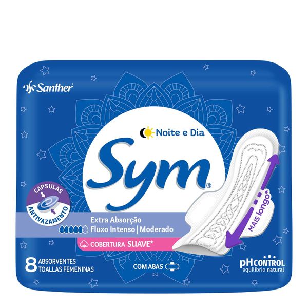 Absorvente Sym Noite e Dia Cobertura Suave com Abas 8 Unidades