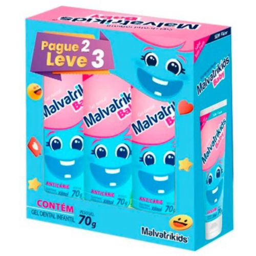 Kit Gel Dental Malvatrikids Baby Anticárie Sabor Tutti-Frutti sem Flúor 3 Unidades 70g cada Kit Gel Dental Malvatrikids Baby Anticárie Sabor Tutti-Frutti sem Flúor 3 Unidades 70g cada