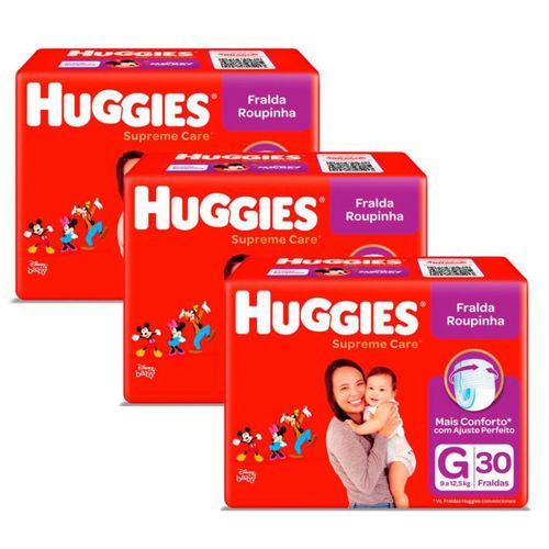 Kit 3 Fraldas Huggies Roupinha Supreme Care Mega G 30 Unidades cada