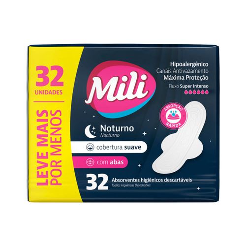 Kit c/16 Absorvente Mili Noturno Suave C/Abas 32 Unidades
