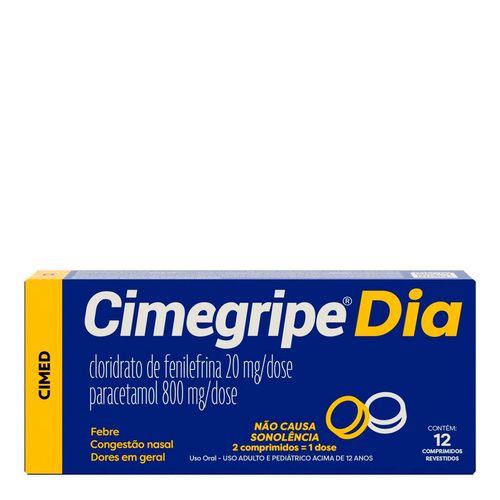 Analgésico, Antitérmico E Antigripal Cimegripe Dia 800Mg + 20Mg 12 Comprimidos Revestidos