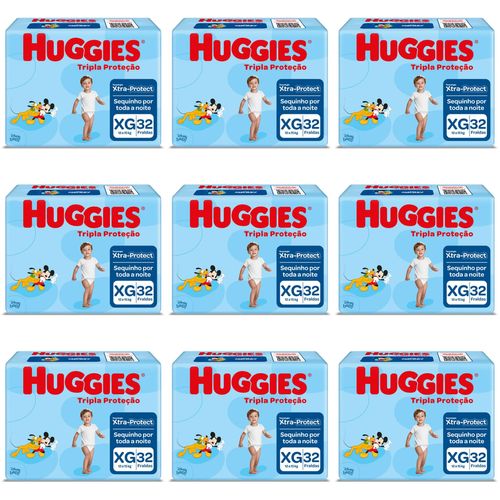 Kit 9 Fraldas Huggies Tripla Proteção Tamanho XG c/32 Unidades cada Kit 9 Fraldas Huggies Tripla Proteção Tamanho XG c/32 Unidades cada