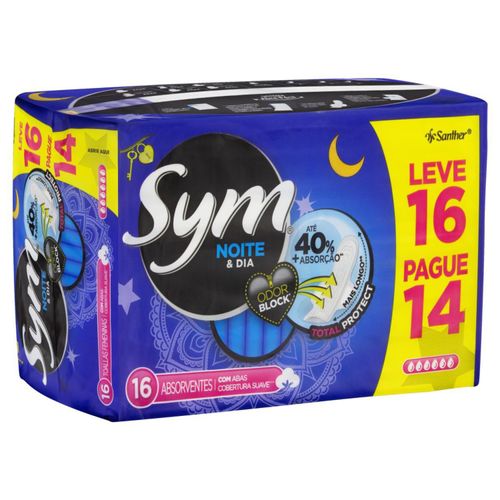 Absorvente Sym Total Protect Noite e Dia Cobertura Suave Com Abas 16 Unidades