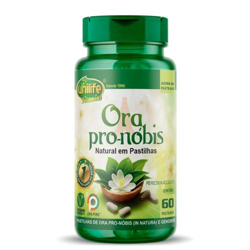 Ora Pro-Nóbis Natural e Gengibre 60 Pastilhas 1000mg Unilife