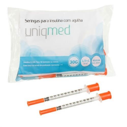 Seringas para Insulina com Agulha 0,5ml (8x0,30mm) 30G - 10 unidades - UniqMed Seringas para Insulina com Agulha 0,5ml (8x0,30mm) 30G - 10 unidades - UniqMed