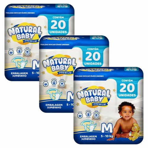 Kit 3 Fraldas Natural Baby Premium Jumbinho M c/ 20 Unidades cada