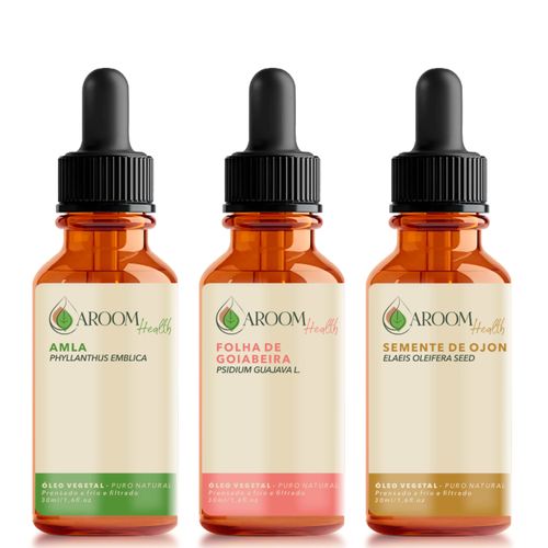 Kit óleos vegetais de Amla , folha da Goiabeira e semente de Ojon/Batana – 30 ml cada Kit óleos vegetais de Amla , folha da Goiabeira e semente de Ojon/Batana – 30 ml cada