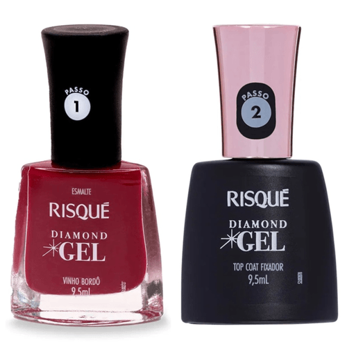 Kit Esmalte Risque Diamond Gel Vinho Bordo + Fixador Top Coat
