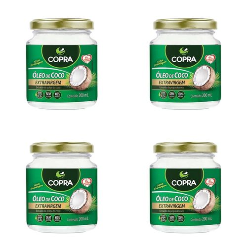 Kit c/4 Unidades de Óleo de Coco Extravirgem Copra Vidro 200ml Kit c/4 Unidades de Óleo de Coco Extravirgem Copra Vidro 200ml