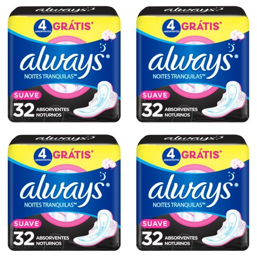 Kit c/4 Absorventes Cobertura Suave Noturno Com Abas Always Simples 32 Unidades cada