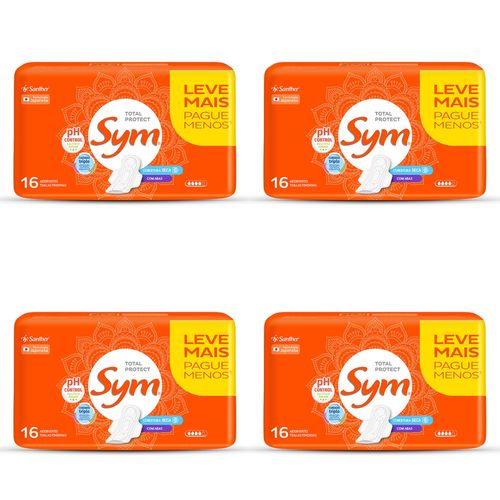 Kit c/4 Absorvente Sym Total Protect Cobertura Seca Com Abas 16 Unidades cada