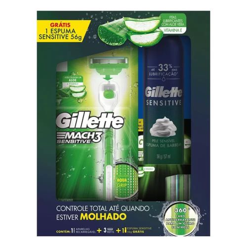 Kit Gillette Mach3 Acqua Grip Sensitive 1 Aparelho + 2 Cargas + Espuma 56g Kit Gillette Mach3 Acqua Grip Sensitive 1 Aparelho + 2 Cargas + Espuma 56g