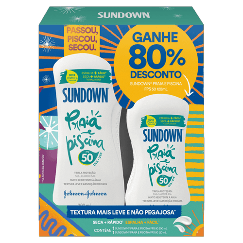 Kit Protetor Solar Sundown Praia & Piscina FPS50 200ml + 120ml Kit Protetor Solar Sundown Praia & Piscina FPS50 200ml + 120ml