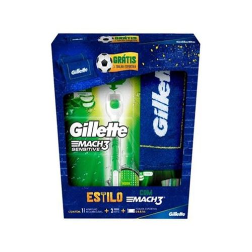 Kit Gillette Mach3 Sensitive - 1 Aparelho de Barbear Recarregável + 2 Cargas + Toalha Kit Gillette Mach3 Sensitive - 1 Aparelho de Barbear Recarregável + 2 Cargas + Toalha