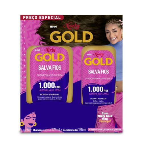 Kit Niely Gold Salva Fios Antiquebra Shampoo 275ml + Condicionador 175ml Kit Niely Gold Salva Fios Antiquebra Shampoo 275ml + Condicionador 175ml