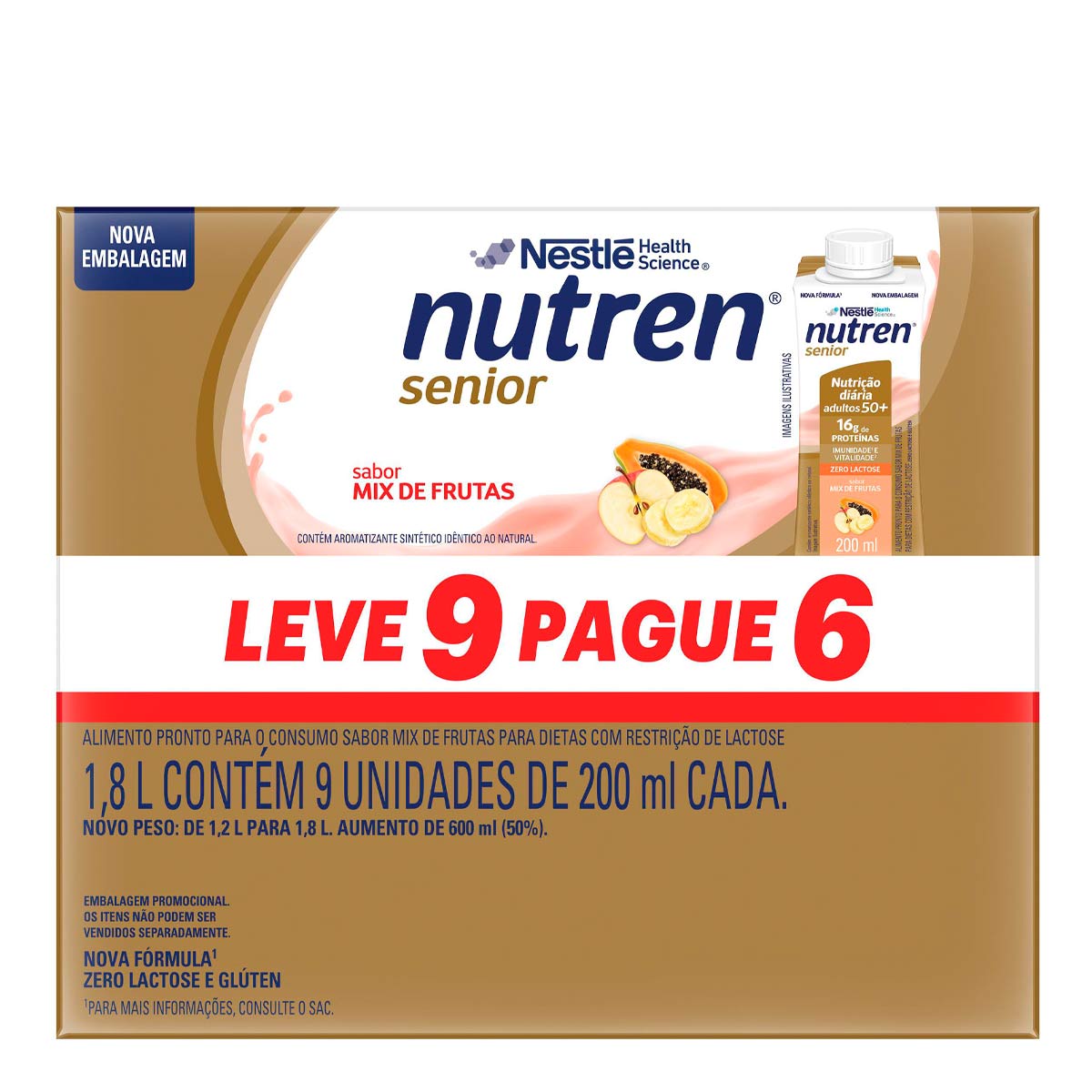 Kit Complemento Alimentar Nutren Senior Mix de Frutas Zero Lactose 9 Unidades de 200ml
