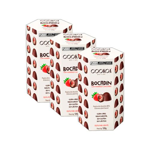 Kit 3X: Pepitas de Chocolate Bocadin com Morango Cookoa 120g