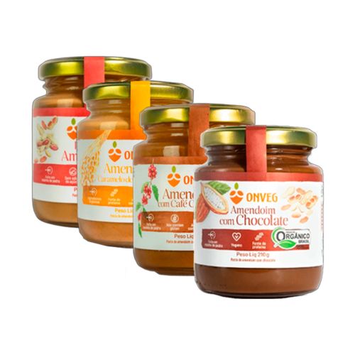 Kit 4 Pastas de Amendoim Orgânica Onveg: Pura, Tâmara, Café, Chocolate