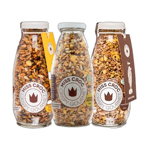 Kit 3 Granolas Crisp Garrafa Miss Croc: Lemon Pepper, Mostarda e Mel, Tradicional Kit 3 Granolas Crisp Garrafa Miss Croc: Lemon Pepper, Mostarda e Mel, Tradicional