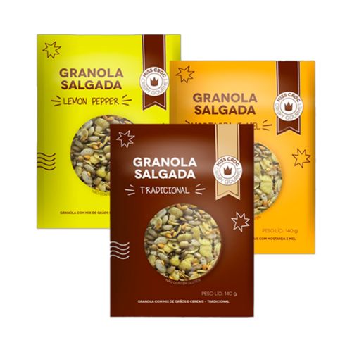 Kit 3 Granolas Crisp Sachê Miss Croc: Lemon Pepper, Mostarda e Mel, Tradicional Kit 3 Granolas Crisp Sachê Miss Croc: Lemon Pepper, Mostarda e Mel, Tradicional