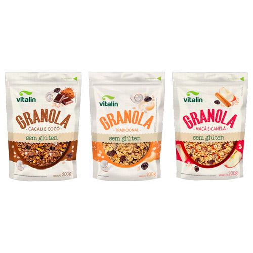 Kit 3 Granolas Sem Glúten Vitalin: Cacau, Maçã e Canela, Tradicional
