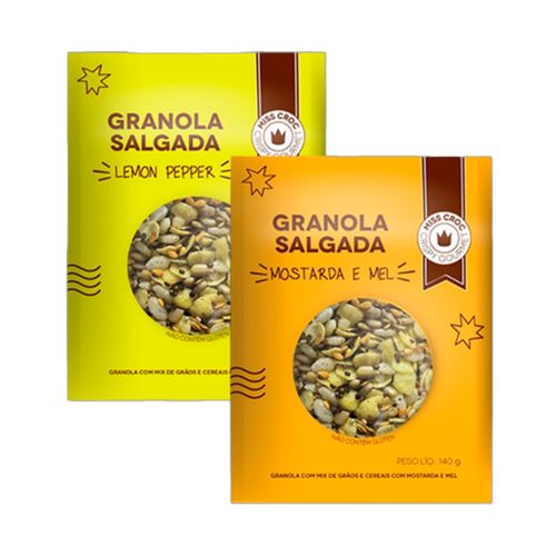 Kit 2 Granolas Crisp Sachê Miss Croc: Lemon Pepper, Mostarda e Mel Kit 2 Granolas Crisp Sachê Miss Croc: Lemon Pepper, Mostarda e Mel