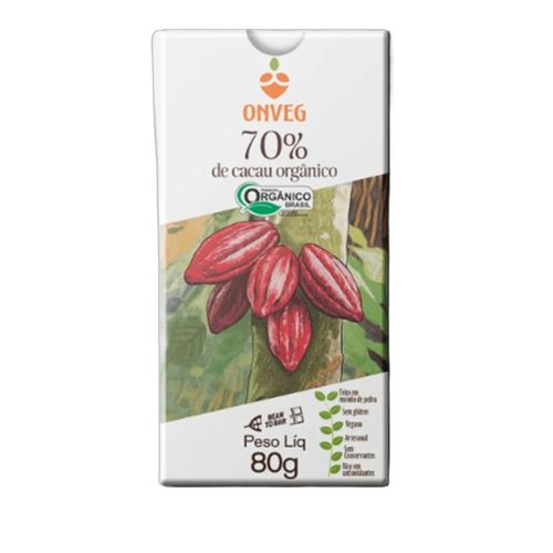 Chocolate 70% Cacau com Açúcar Demerara Orgânico Onveg 80g