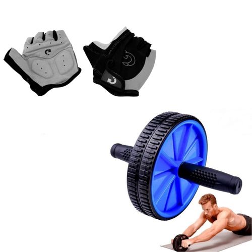 Kit Roda Dupla de Exercício Abdominal e Par de Luvas Gel Treino em Casa Academia Unissex Único Preto