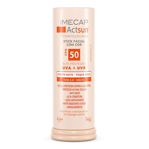 Protetor Solar Facial Imecap Actsun Fps 50 Efeito Mate Cor 2.0 Médio 14G Bastão