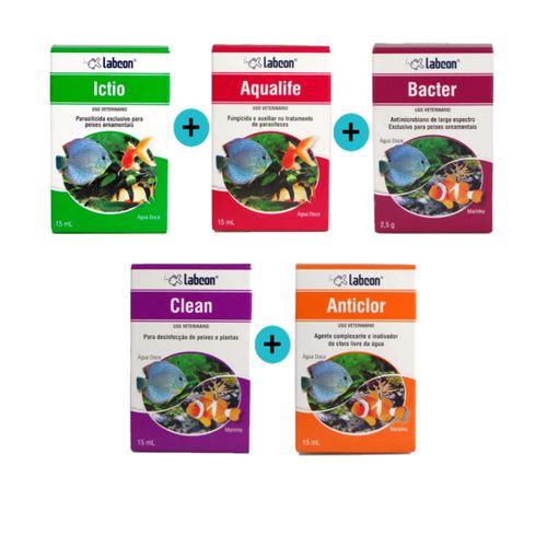Kit 1 Ictio 15ml + 1 Aqualife 15ml + 1 Bacter C/ 10 Cápsulas + 1 Clean + 1 Anticlor 15ml Kit 1 Ictio 15ml + 1 Aqualife 15ml + 1 Bacter C/ 10 Cápsulas + 1 Clean + 1 Anticlor 15ml