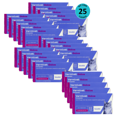 Vermífugo para Gatos Vermivet 300mg C/ 4 Comprimidos - Kit c/ 25 caixas Vermífugo para Gatos Vermivet 300mg C/ 4 Comprimidos - Kit c/ 25 caixas