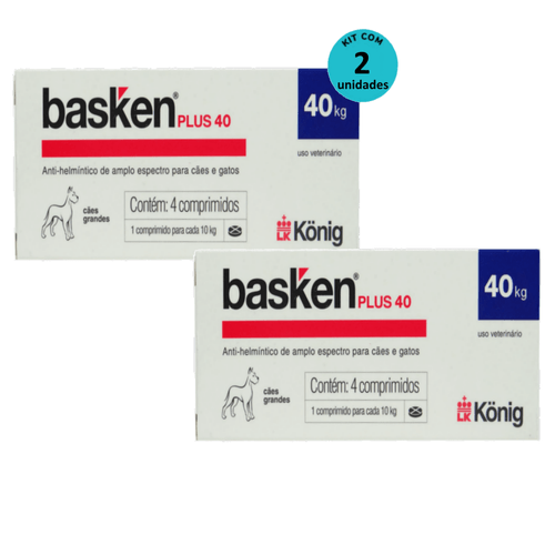 Vermífugo Basken Plus 40 p/ Cães e Gatos 1 comp. para cada 10Kg cx c/ 4 comp. Kit c/ 2 Vermífugo Basken Plus 40 p/ Cães e Gatos 1 comp. para cada 10Kg cx c/ 4 comp. Kit c/ 2