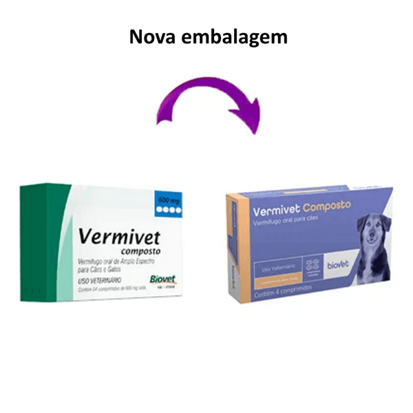 Vermífugo Vermivet Composto Biovet 600mg c/ 4 Comprimidos