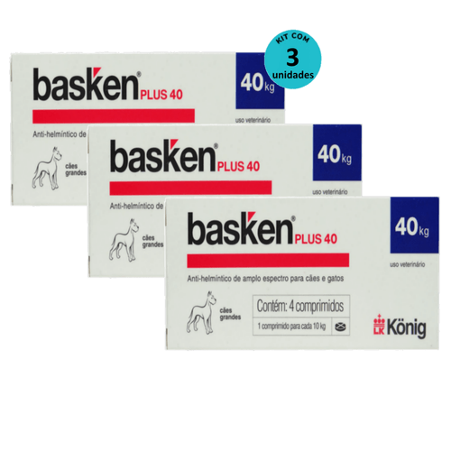 Vermífugo Basken Plus 40 p/ Cães e Gatos 1 comp. para cada 10Kg cx c/ 4 comp. Kit c/ 3 Vermífugo Basken Plus 40 p/ Cães e Gatos 1 comp. para cada 10Kg cx c/ 4 comp. Kit c/ 3