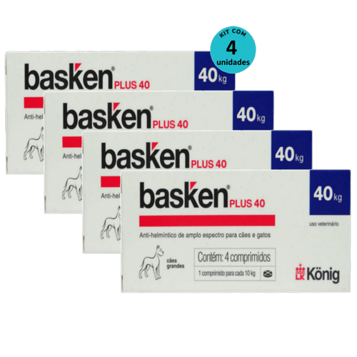 Vermífugo Basken Plus 40 p/ Cães e Gatos 1 comp. para cada 10Kg cx c/ 4 comp. Kit c/ 4 Vermífugo Basken Plus 40 p/ Cães e Gatos 1 comp. para cada 10Kg cx c/ 4 comp. Kit c/ 4